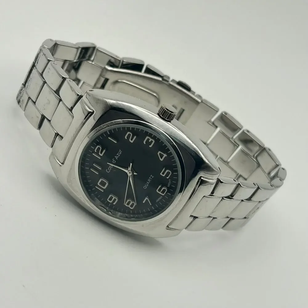 Cote d'Azur Silver Tone Black Dial Stainless Steel Men’s Watch New Battery